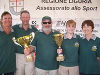 Photo 3.	The victorious Australian Team at the 2006 Homerus Blind Match Racing Championships presentations.  L-R - Sonya Staley (escort), David Staley (coach/manager), Paul Borg (helm), Kylie Forth (sheet hand), Margaret Forth (escort).